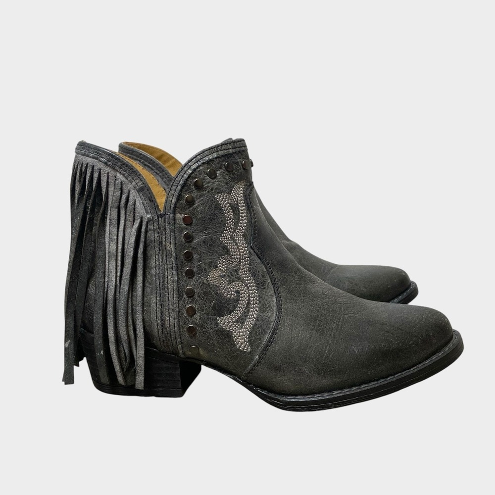 Sterling River Western Ankle Boots Size 8.5 Gray Leather Fringed Cowgirl Indie